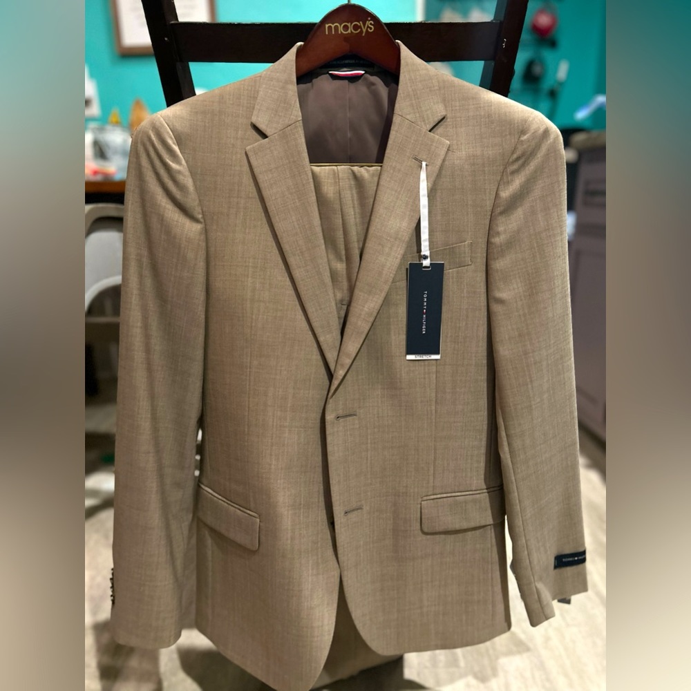 Mens tan 2 piece garment Tommy Hilfiger wool suit